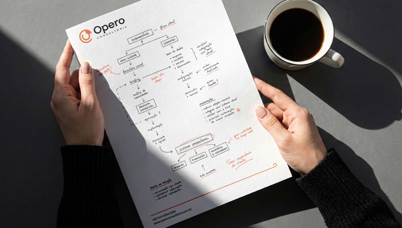 Mãos segurando uma folha com o fluxo de onboarding de um cliente desenhado à mão, com anotações em laranja como “automatizar este ponto?”